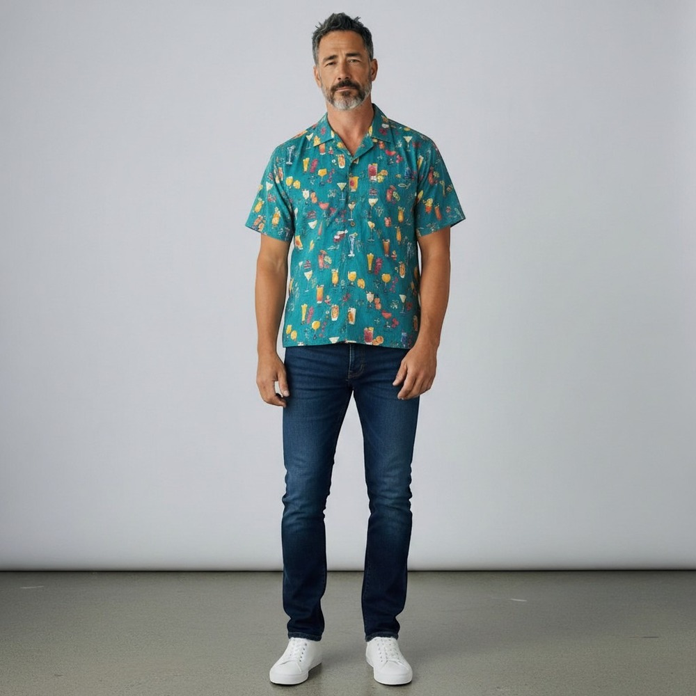 Weekender Traveler Button Up Shirt Mens XL Teal Tropical Cocktail Print